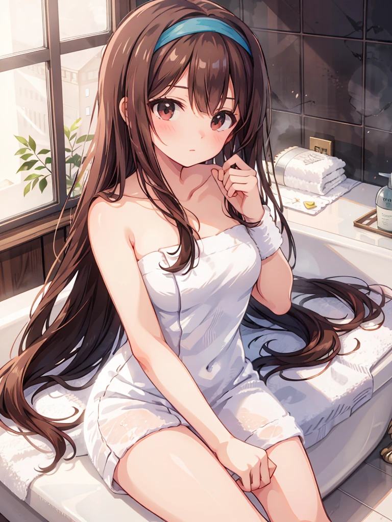 ​masterpiece, hightquality, top-quality, hight resolution, 4K, high-detail, beautiful  lighting,extra detailed face, well-drawn hands, well-drawn legs,well-drawn feet,well-drawn eyes,1girl in, brown haired, Brown-eyed,Hair Bow,(((the bow))))、length hair、Low ponytail、Hair on the shoulders、Troubled face、Horse tail coming out of the ass、Uma Musume、（Admire Vega）、Horse ears、tail, Hi-Res, Open the upper body door and peek,(Open the upper body door and peek)、camisole、s Pajamas、Open the door、Grasp the door handle、camisole、s Pajamas、Hands on the chest、hiding breast