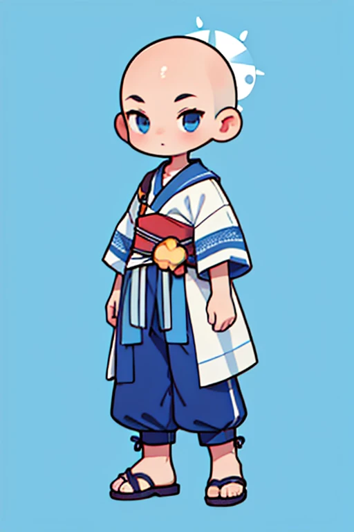 1 person、20th generation、bald、Image color: Blue、Wearing sandals、2Head-to-body deformed character、background simple、Don't have anything、Be careful when drawing hands. Your fingers are5To be a book
