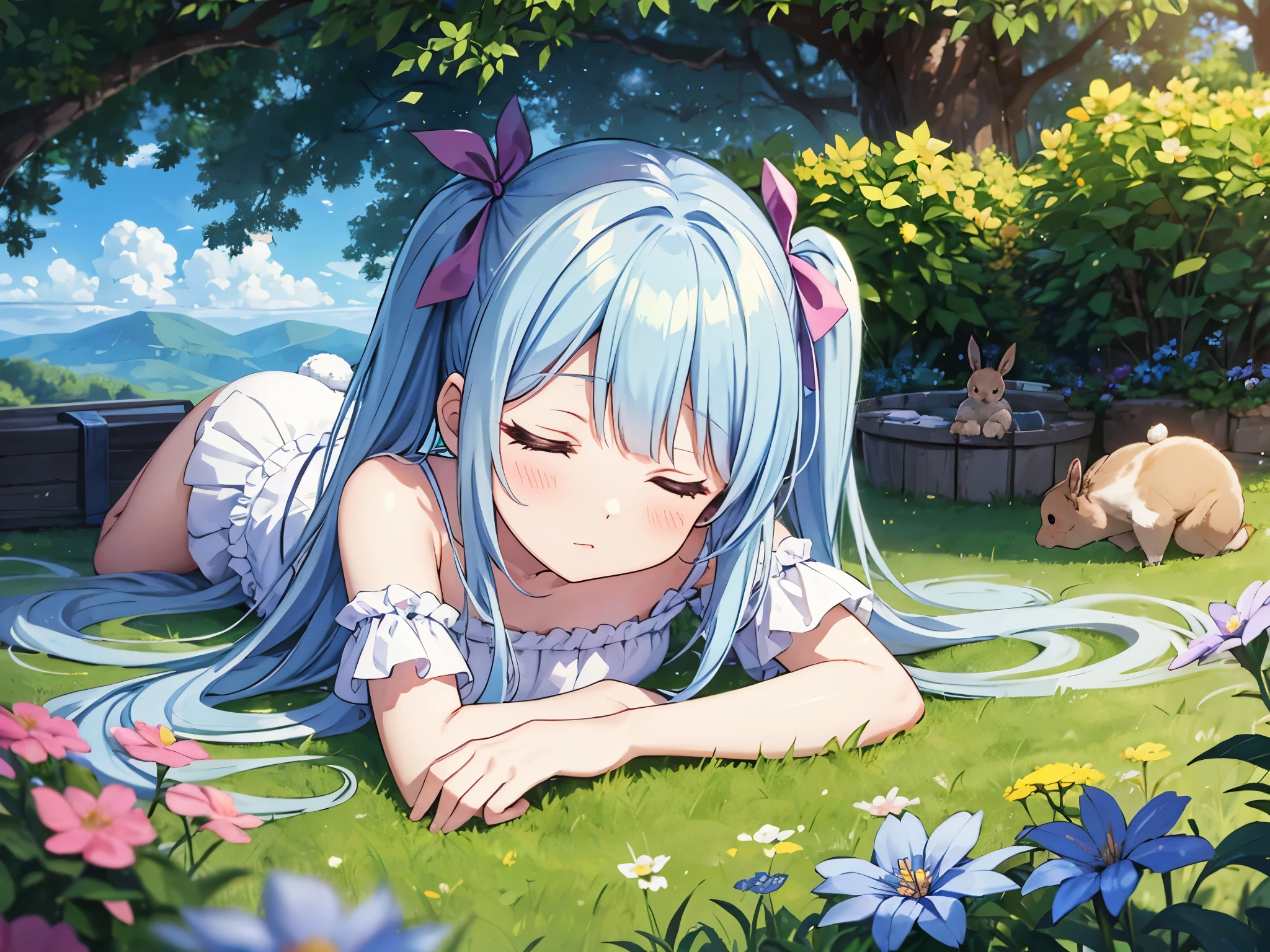light blue long hair、Cute girl with twin tails、Above the fluffy clouds、Lying among the flowers with half-open eyes and a sleepy face、There's also a cute rabbit and a cute squirrel.