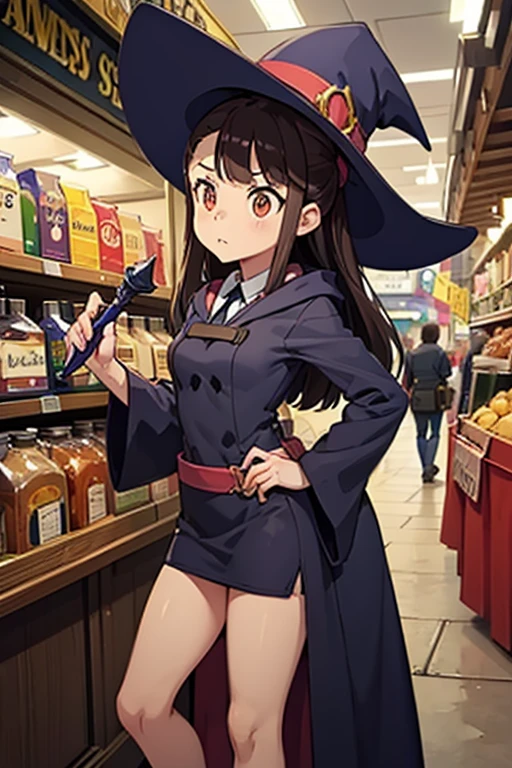 A black haired female witch with orange eyes in a conservative Victorian dress is picking out a wand in a market place