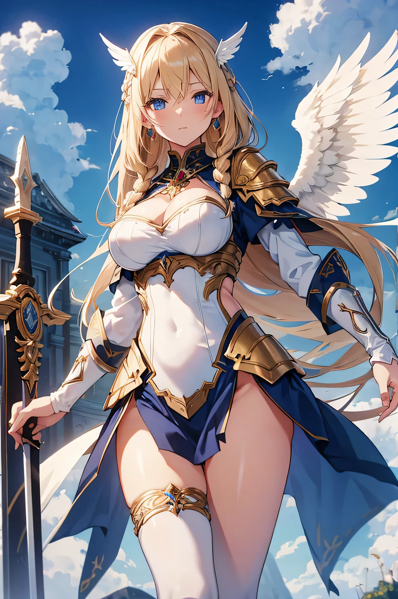 4k,High resolution,one woman,blonde,long hair,Braid,blue eyes,big breasts,Valkyrie,White sacred leotard armor,High leg,Winged headgear,jewelry decoration,Holy Sword,temple in the sky
