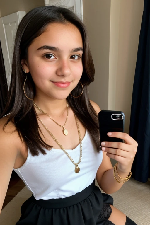 A 12 year old girl with straight brown hair and necklaces taking a full body selfie