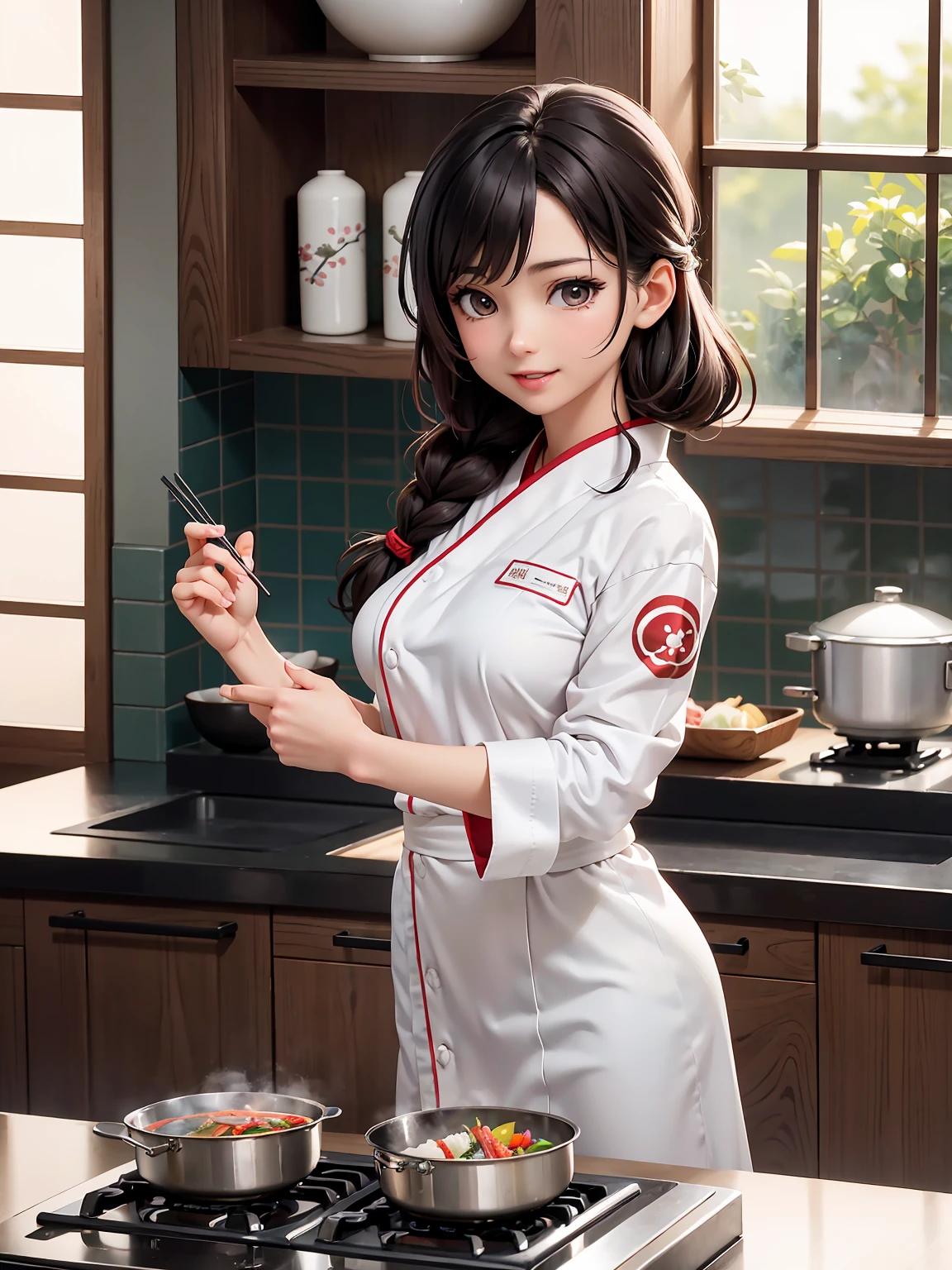(best quality, 8K, 32k, masterpiece, ultra high definition:1.2), (actual:1.5), (masterpiece, Extremely DetaileD CG unity 8K wallpaper, best quality, high resolution:1.2), (ultra DetaileD, ultra high definition:1.2), (Cowboy shooting:1.3), (anime style illustration:1.3), (seDuctive anime waifu:1.3), (ultra-DetaileD:1.3), (Super sharp:1.3), (insanely DetaileD:1.3), (Cooking scene in the kitchen:1.3), (from siDe:1.2),
rest,
(1 girl:1.3, alone), (Japanese food-Chef:1.3), single braiD hair style, mahogany hair, Attractive look, (Korean actress face:1.3), (Japanese iDol face:1.3), pretty face, Lovely,
rest,
(white Japanese Chef uniform:1.3), (Chef uniform:1.3), (Kimono suit:1.3),
rest
(Japanese food:1.3), (DetaileD Japanese food:1.3), (Cooking in the kitchen:1.3), (cutting fooD:1.3), (at Japanese food:1.3), (On the kitchen counter:1.3), inDoor, film light, sunset light, Lovely, happy, seDuctive smile, :D, ;p, Attractive emotions,
rest, best ratio four finger anD one thumb, perfect anatomy, Perfect proportion,