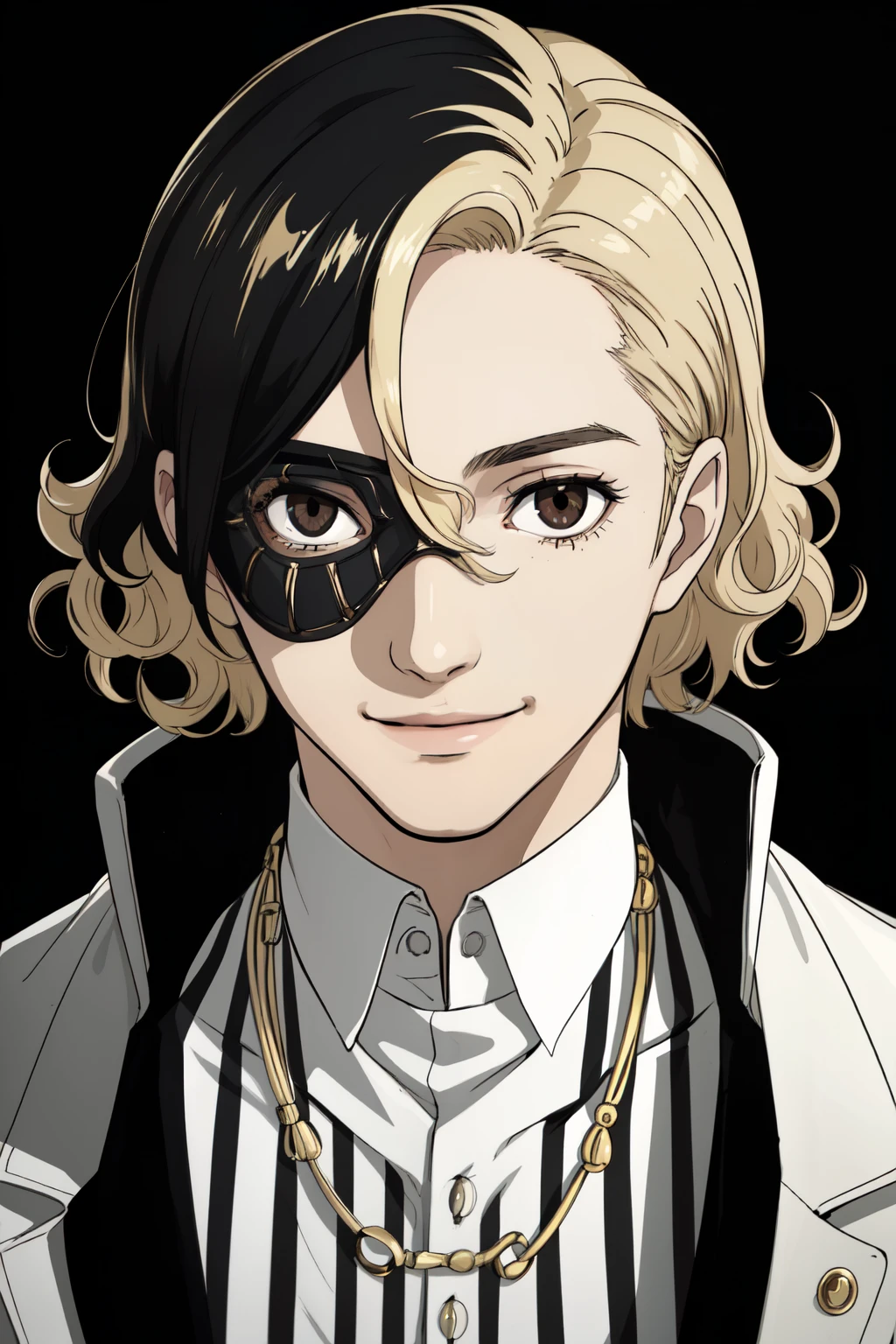 "(best quality, high resolution), man, alone, straight blonde hair with black roots in the middle parting, short hair, black and blonde hair, hair curly, a white mask in the face, brown eyes, smiling, bracelets, white striped shirt, necklace, hair black highlights, portrait, studio lighting, surrealistic, black hair blonde stripes, white theater mask, gold overcoat, white gloves, mask in face"