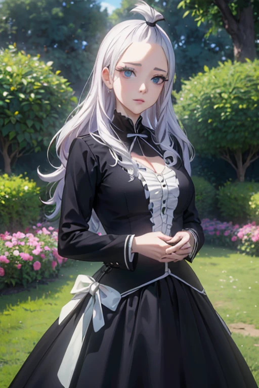 (Mirajane Strauss:1.1),beautiful detailed eyes,longeyelashes,beautiful detailed lips,extremely detailed eyes and face,A girl in a garden,(best quality,4k,8k,highres,masterpiece:1.2),ultra-detailed,realistic,photorealistic:1.37,black suit,long black skirt