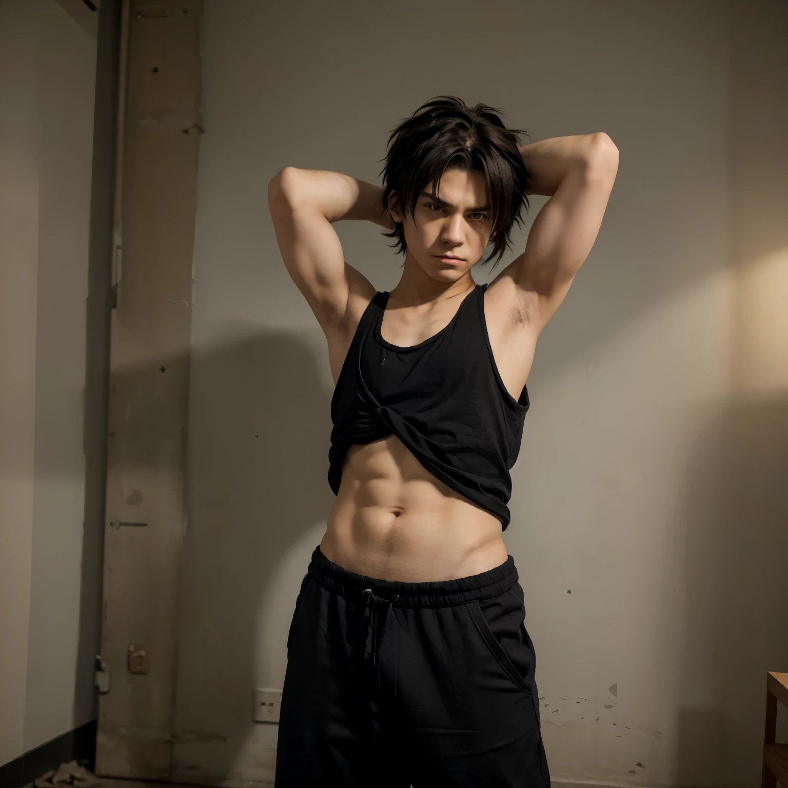 An anime-style ager with messy hair wearing a black tank top and baggy pants with his arms crossed with an angry expression