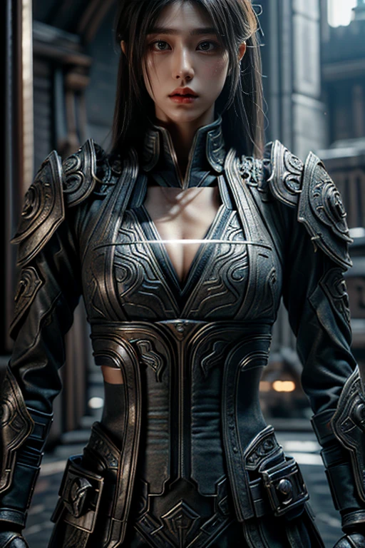 game art，Best picture quality，highest resolution，8k，(chest photograph)，(chest:1.5)，(Portrait)，(head close up)，(Third rule)，Unreal Engine 5 rendering works， (Future girl)，(female warrior)， 
20 year old girl，Eyes full of details，(chestใหญ่)，elegant and noble，indifferent，brave，
(Futuristic style combat suit combines the features of ancient armor.，Ancient Runes of Light，Accessories fight with their highly detailed luster.)，future police，cyberpunk characters，

Posing for pictures，simple background，movie lights，Ray Tracing，CG game，((Real 3D engine))，OC rendering format