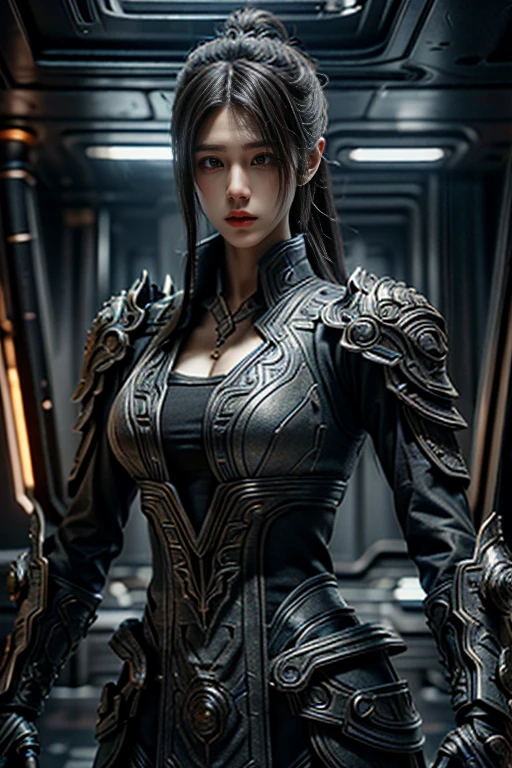 game art，Best picture quality，highest resolution，8k，(chest photograph)，(chest:1.5)，(Portrait)，(head close up)，(Third rule)，Unreal Engine 5 rendering works， (Future girl)，(female warrior)， 
20 year old girl，Eyes full of details，(chestใหญ่)，elegant and noble，indifferent，brave，
(Futuristic style combat suit combines the features of ancient armor.，Ancient Runes of Light，Accessories fight with their highly detailed luster.)，future police，cyberpunk characters，

Posing for pictures，simple background，movie lights，Ray Tracing，CG game，((Real 3D engine))，OC rendering format