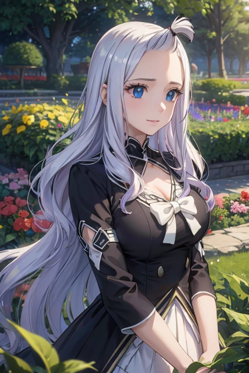 (best quality,4k,8k,highres,masterpiece:1.2),ultra-detailed,realistic,photorealistic:1.37,Mirajane Strauss,beautiful smile,black coat,long wavy hair,sparkling blue eyes,confident posture,garden background,soft natural lighting,detailed facial features,delicate makeup,lush greenery,flower garden,vibrant colors,subtle highlights,ethereal atmosphere,dynamic pose,leaves gently falling,feminine elegance
