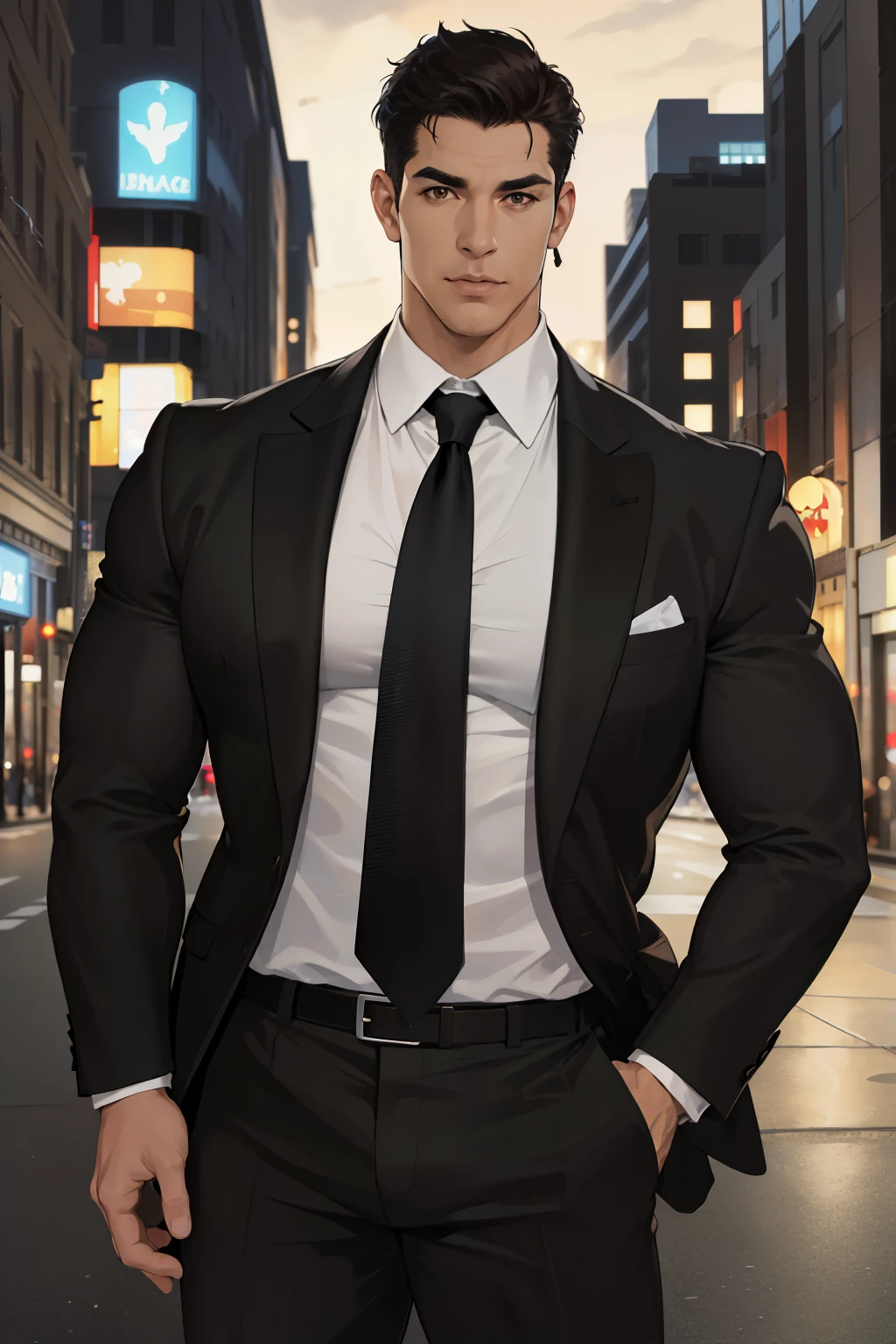 (absurdres, highres, ultra detailed, realistic, ), 1 male, solo, adult, mature, tall muscular guy, broad shoulders, handsome, very short hair, black hair, brown eyes, angular jaw, thick neck, thick eyebrows, night, dark, the night view of the city background, formal suit, necktie, upper body