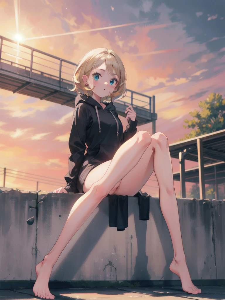 gonzarez, masterpiece, Serenaj, 1girl, solo, blonde hair, hoodie, blue eyes, confused, cute, naked legs, bridge, morning, sun rise