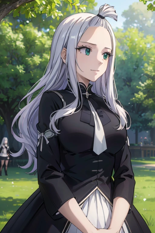 (best quality,4k,8k,highres,masterpiece:1.2),ultra-detailed,realistic,photorealistic:1.37,Mirajane Strauss,beautiful smile,black coat,green eyes,feminine appearance,long silver hair,confident posture,enigmatic expression,magical aura,serene garden backdrop,soft sunlight,vibrant colors,ethereal lighting.
