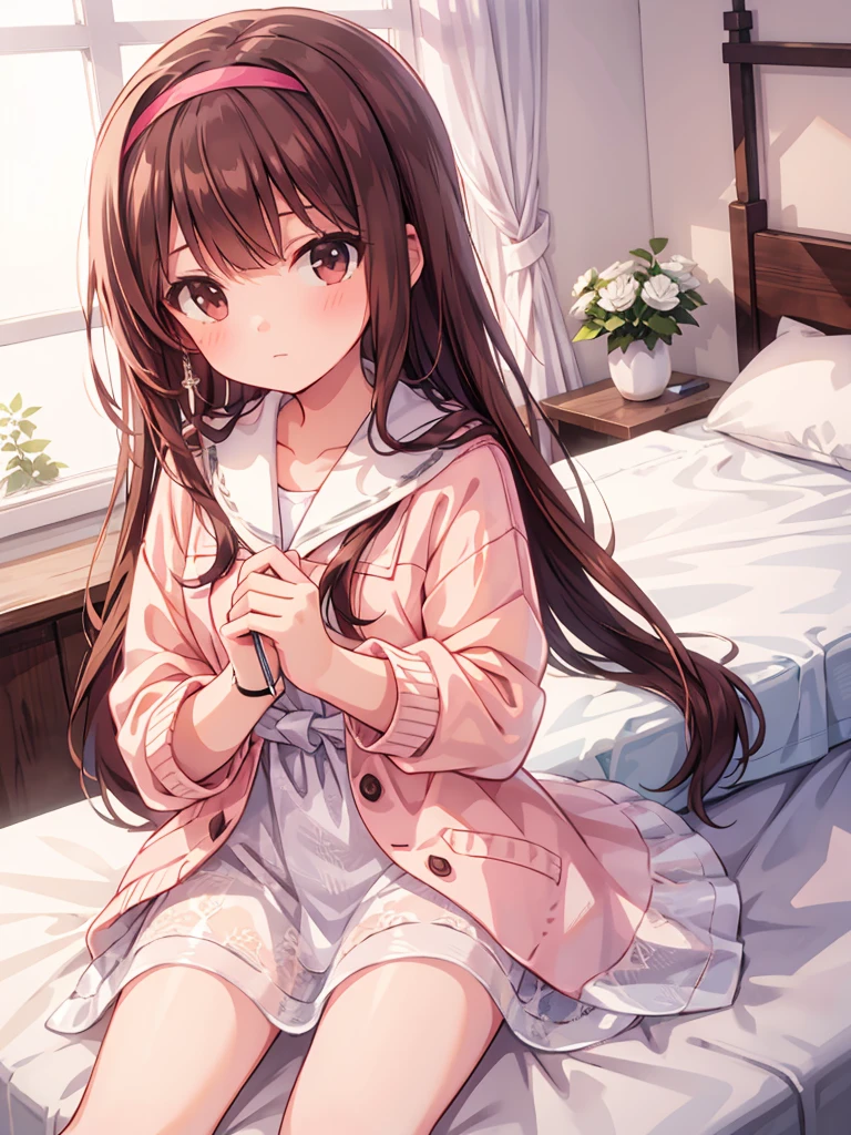 masterpiece, beautiful illustrations, highest quality, pretty girl, 1girl, (Bedroom), pastel colour, (bath towel), reddish brown long hair, headband, bright lighting, presenting, looking at viewer, on bed