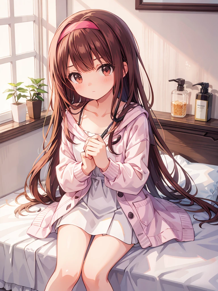 masterpiece, beautiful illustrations, highest quality, pretty girl, 1girl, (Bedroom), pastel colour, (bath towel), reddish brown long hair, headband, bright lighting, presenting, looking at viewer, on bed