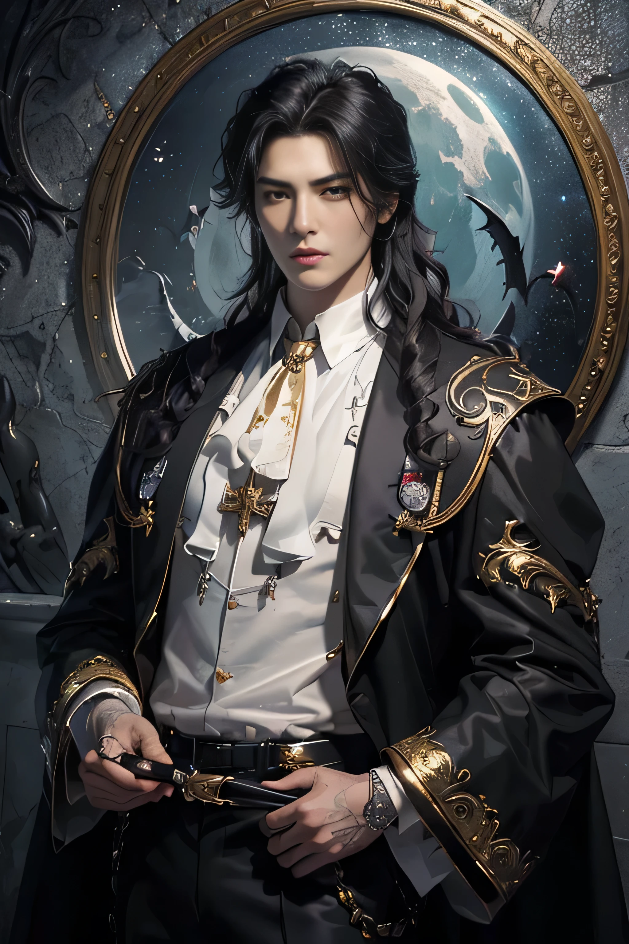(masterpiece、top-quality、top-quality、Detailed and complex、official art、aesthetically pleasing:1.3)、(1 blackhaired male vampire in:1.3)、(Lee Min Ho look) (realistic art:1.3)、black coat, white shirt, gold accessories, gothic castle background. Moon and stars background, curly black hair, serious angry expression, small beard