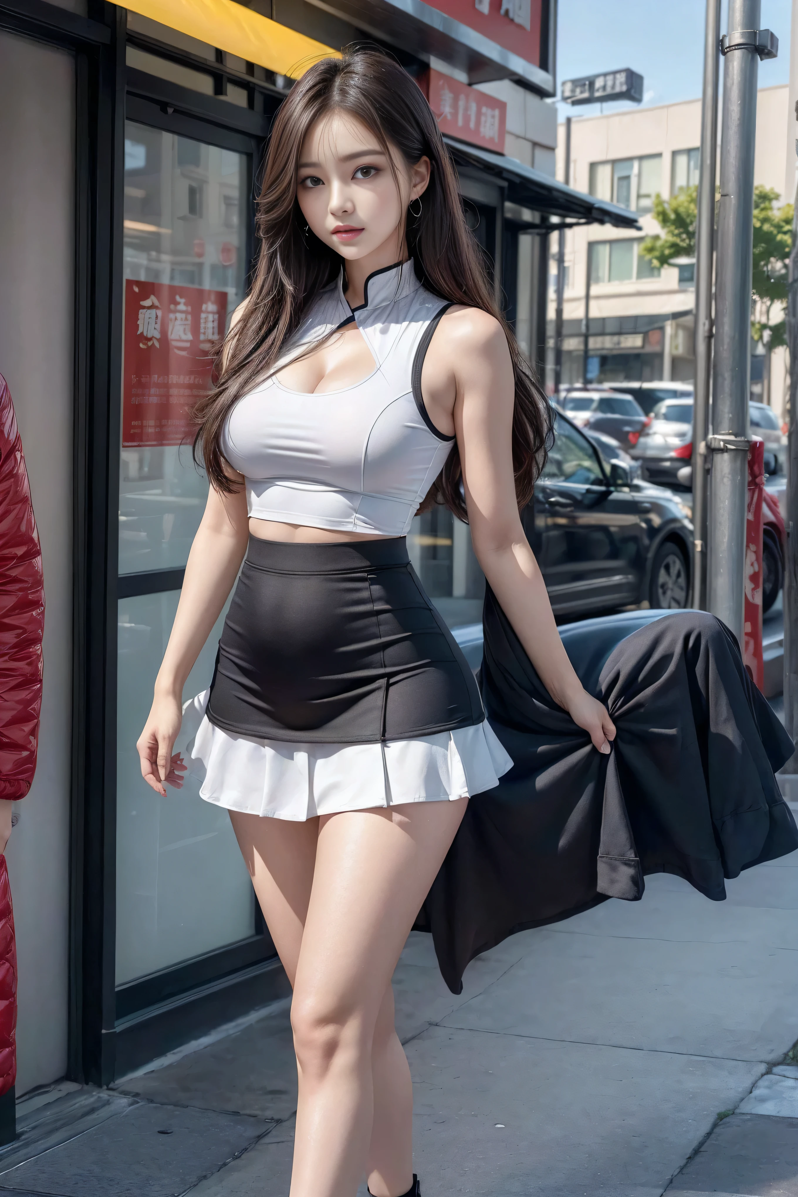 (quality),8K,(masterpiece:1.3),(1 girl:1.3),(In the name of Mina),Beautiful of Korean girl, kpop idol,beauty of woman与完美of身材:1.4,(Vest line,muscular hands:1.2),((layered hairstyle, medium breasts:1.2)), ((view viewer)),(A brilliant smile:1.3),(big ass),actual of,high resolution,Highly detailed facial and skin textures,Reality of face,RAW photos,((Pretty face:1.5)),(beauty of woman:1.4),Perfect body example,,((Very rich facial details)),Attention to detail,double eyelids,eye shadow enhancement,Eye for details,professional lighting,Cinema Light Optics,sharp focus,((sporty style)),((Optics, Bright colors、Fit of T-shirt,short skirt,((Lively,positive of,Livelyof thighs)),(of:1.3),Ultra-thin sports bar,hip-covering skirt,There are on the street,