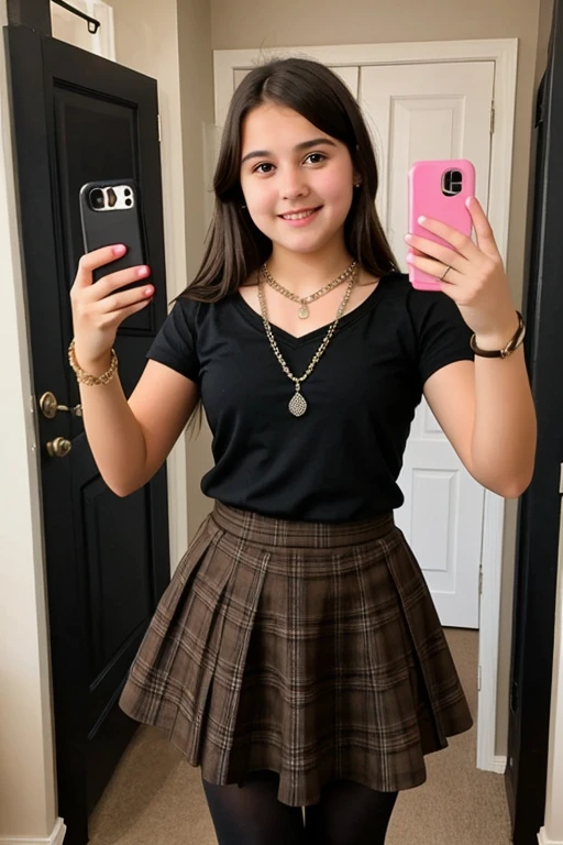 12 year old girl with straight brown hair wearing black stockings and skirt with necklaces showing her feet taking a selfie