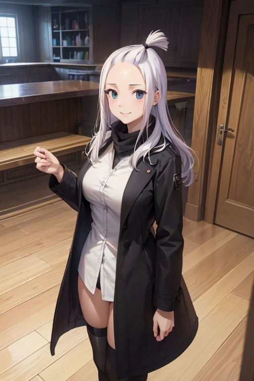 (best quality,4k,8k,highres,masterpiece:1.2),ultra-detailed,realistic,photorealistic:1.37, Mirajane Strauss, with a beautiful smile wearing a black coat 