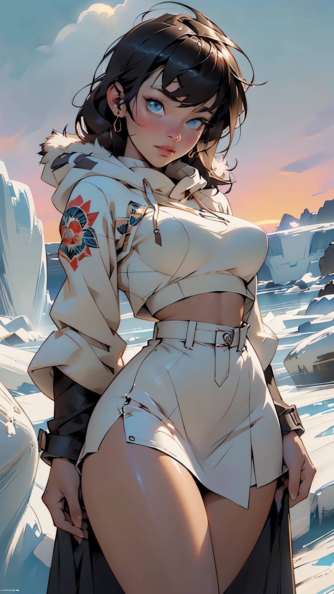 1girl,Goddess Of Storms,

(large breasts:1.4),((((brown hair,hair between eyes,swept bangs)))),(((blue_eyes:1.3))),intricate eyes,beautiful detailed eyes,symmetrical eyes,((((dark-skinned female,dark skin,lustrous skin:1.5,tanned skin,bright skin: 1.5,skin tanned,shiny skin,very shiny skin,shiny body,Reflective skin)))),(spider lower abdomen,narrow waist,wide hip,athletic body,inflated legs,thick thighs,(detailed face)),beautiful detailed lips,bimbo girl,wide hips, thick thighs, bursting breasts,

cute,slutty,sensual,seductive look,seductive,((erotic)),((nsfw)),sexy,

(traditional red Eskimo clothing with long skirt with side slits, parka with hood,dark red skirt,fur-trimmed skirt ,fur trim,overskirt,skirt),

(dynamic pose:1.3), looking at viewer,serius,centered,scale to fit dimensions,Rule of thirds,

((icebergs)),winter,scenery:1.25,((intricate scenery)),((icebergs in  background)),snow everywhere,extremely scenery,(puddles everywhere),clouds,(sunset, golden hour),

(Glossy barbarian ornaments),highres,sharp focus,(ultra detailed,extremely detailed),(photorealistic artwork:1.37),(extremely detailed CG unity 8k wallpaper),(((vibrant colors,vibrant theme))),(intricate),(masterpiece),(best quality),artistic photography,(photography taken by sldr),(intricate background),perfect rendered face,perfect face details,realistic face,photo realistic,((intricate detail)),(((realism))),
