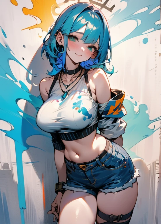1girl, Eula (genshin impact), masterpiece, best quality, ultra-detailed, super detailed skin, sharp focus, cinematic lighting, vibrant colors, cute, lovely, extremely detailed, solo, pale blue hair, short hair, yellow eyes, (breasts:1.2), feminine, detailed background, urban, dynamic angle,(streetwear:1.5), shorts, curvy, street style, splatter, graffiti, (standing, head tilt), (underboob:1.2), (croptop:0.8),(ear piercing:0.7), close-up,neon_color,gyaru,(cool),wind,eula, bangs, hair ornament, hair between eyes, blue hair, purple eyes, sidelocks, hairband, medium hair, black hairband,