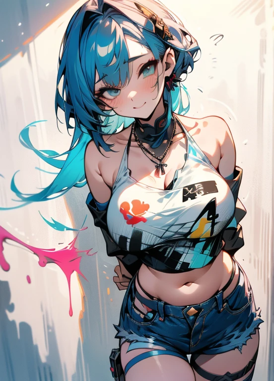 masterpiece, best quality, gothic make up 1girl, solo, crop top, ((colossal cleavage:1.3)), denim shorts, choker, (graffiti:1.5), paint splatter, arms behind back, against wall, looking at viewer, armband, thigh strap, paint on body, head tilt, bored, multicolored hair, aqua eyes, headset, naked