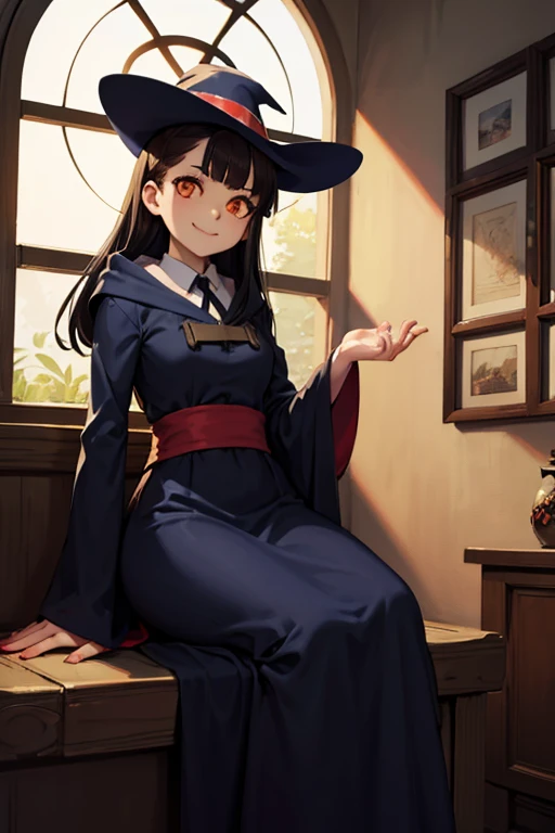 A brown haired female witch with red eyes with an hourglass figure in a conservative Victorian gown is sitting on a tree branch with a blush