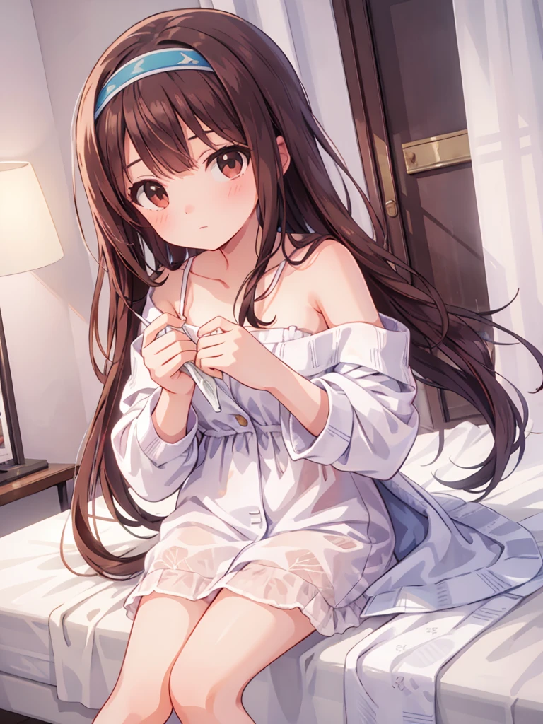 masterpiece, beautiful illustrations, highest quality, pretty girl, 1girl, Bedroom, pastel colour, (two-separated lingerie), cute lingerie, reddish brown long hair, headband, bright lighting, presenting, looking at viewer, on bed, embarrassed