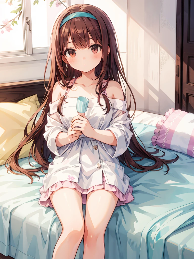 masterpiece, beautiful illustrations, highest quality, pretty girl, 1girl, (Bedroom), pastel colour, (bath towel), reddish brown long hair, headband, bright lighting, presenting, looking at viewer, on bed, after bathing