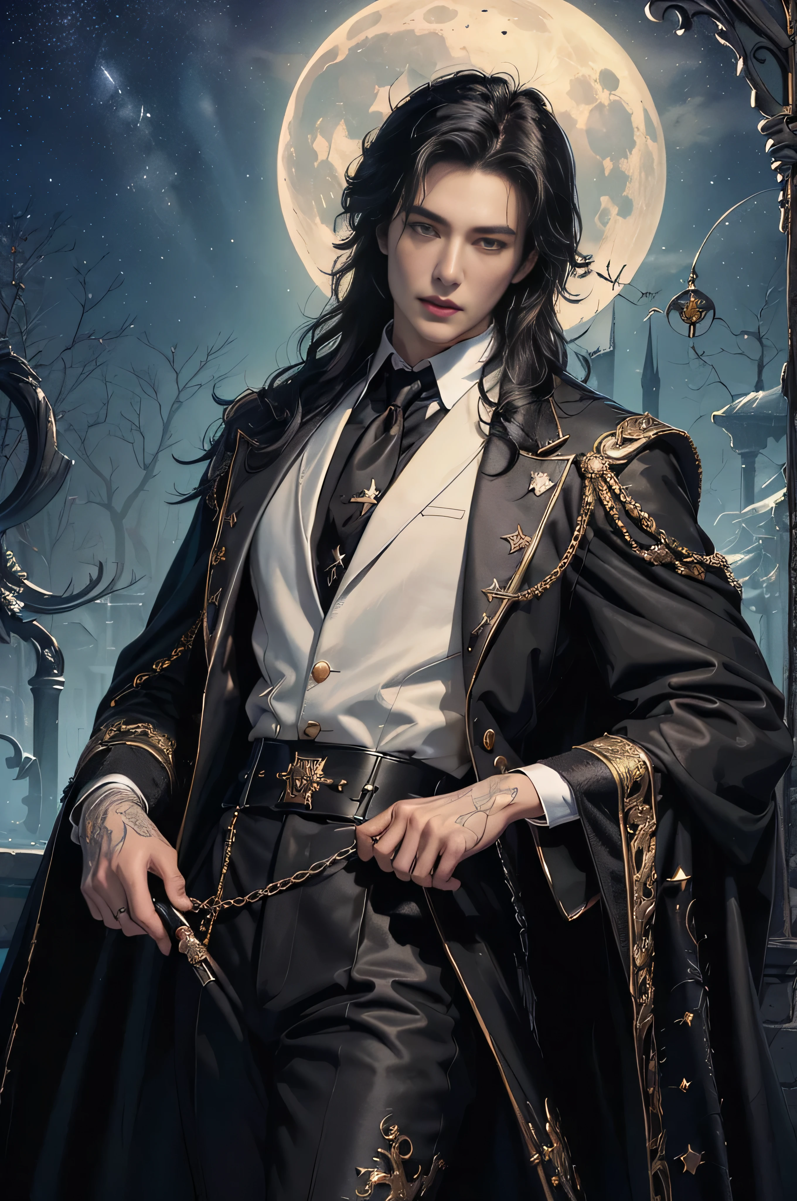 (masterpiece、top-quality、top-quality、Detailed and complex、official art、aesthetically pleasing:1.3)、(1 blackhaired male vampire in:1.3)、(Lee Min Ho look) (realistic art:1.3)、black coat, white shirt, gold accessories, gothic castle background. Moon and stars background, curly black hair, serious angry expression, beard