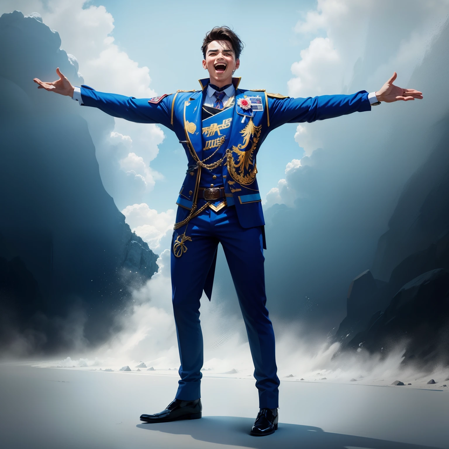 open mouth sticking out tongue cheerful very cheerful face don't change the details don't change the colors of the clothes don't change the colors of the details keep the eight to blue and gold suit