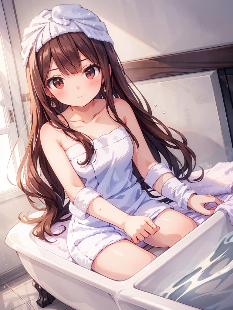 masterpiece, beautiful illustrations, highest quality, pretty girl, 1girl, (Bedroom), pastel colour, (bath towel:1.5), reddish brown long hair, headband, bright lighting, presenting, looking at viewer, on bed, after bathing