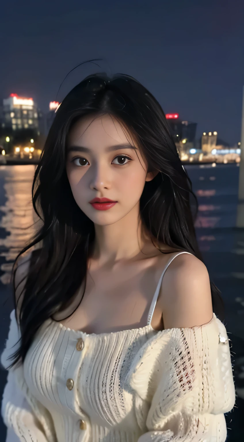 face camera,Face the audience,stand up,high-definition,masterpiece,Daughter,black hair,long hair shawl,Long hair flowing past shoulders,Off the shoulders,clavicle,delicate face,Hydrating red lips,White button-front lace-trimmed tulle butterfly dress,knitwear,exposed calf,clavicle,face camera,single photo,knitwear,sad expression,broken to pieces,real person,swim,Standing in the water with your upper body exposed(Ocean),CG rendering,16K,looking at camera,The night view is beautiful,sad farewell,ultra high definition,Details are perfect,The picture is real,Ultimate picture quality,highest accuracy,8K resolution,dark shadow,8K, Yes ,ultra high definition,8K