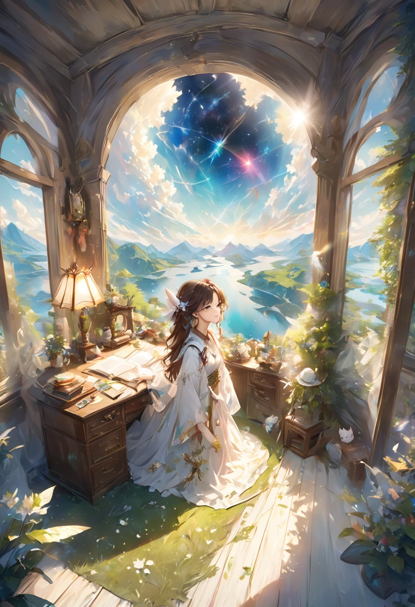 (8K、Raw photo、highest quality、look up:1.2、masterpiece:1.2、genuineistic、ultra high resolution、high contrast、photon mapping、genuine、Super detailed、official art, Raw photo、professional lighting、 light、Vivid atmosphere、twicelight) (1 girl),(One white kitten),The morning sun comes in、On an antique desk in the airship's VIP room、The world map is unfolded。Using a compass、Checking the direction to the destination、A girl and a white kitten、I feel hope, joy, and anxiety.。The outside world seen from the VIP room、Stars in the sky々And the Milky Way shines、The ancient city appears in the air like a heat haze.、On the ground、Surrounded by greenery、A medieval Roman city-state on the shores of a lake、Shining in the morning sun。An atmosphere that exudes the excitement of adventure。High Fantasy Worldview, Beautiful depiction of grand composition and proportions, Guardian nebula of rainbow light and silvery vapor, Corrosive Encirclement Ray Family Color, slimy air feeling,