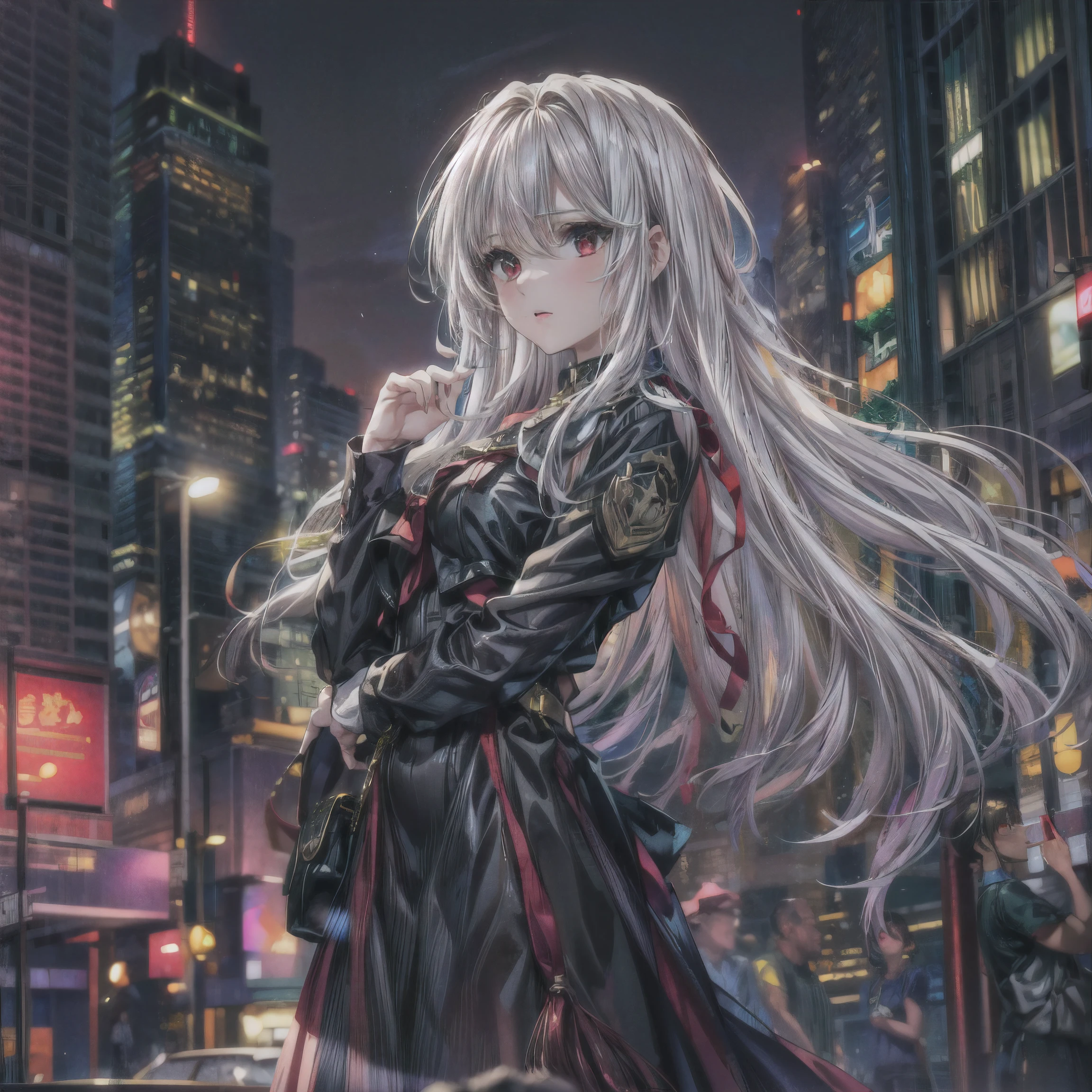 (masterpiece, best quality), 1 girl, slim body, long white hair, red eyes, wearing a black dress, standing in the city at night,