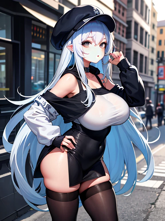 masterpiece，1 girl，solo，long white hair，blue hair，hoodie，Off the shoulders：1.2，Mob caps，street，hands on hips，hand on pockets，Beautiful breasts in black stockings、huge breasts:1.4，plump breasts