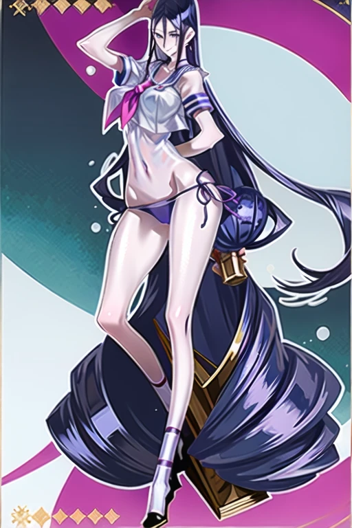 A woman with 176 cm of tall,Dark blue eyes, Long hair dark blue color, Huge breasts, Wearing a purple sailor mini shirt, Wearing a purple sailor mini skirt, Wearing a dark blue choker, Wearing a panties, walking towards the camera in the form of a catwalk