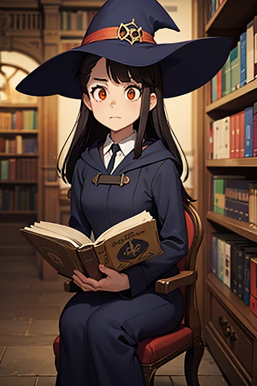 A   black haired female witch with orange eyes in a conservative Victorian dress is reading in a library