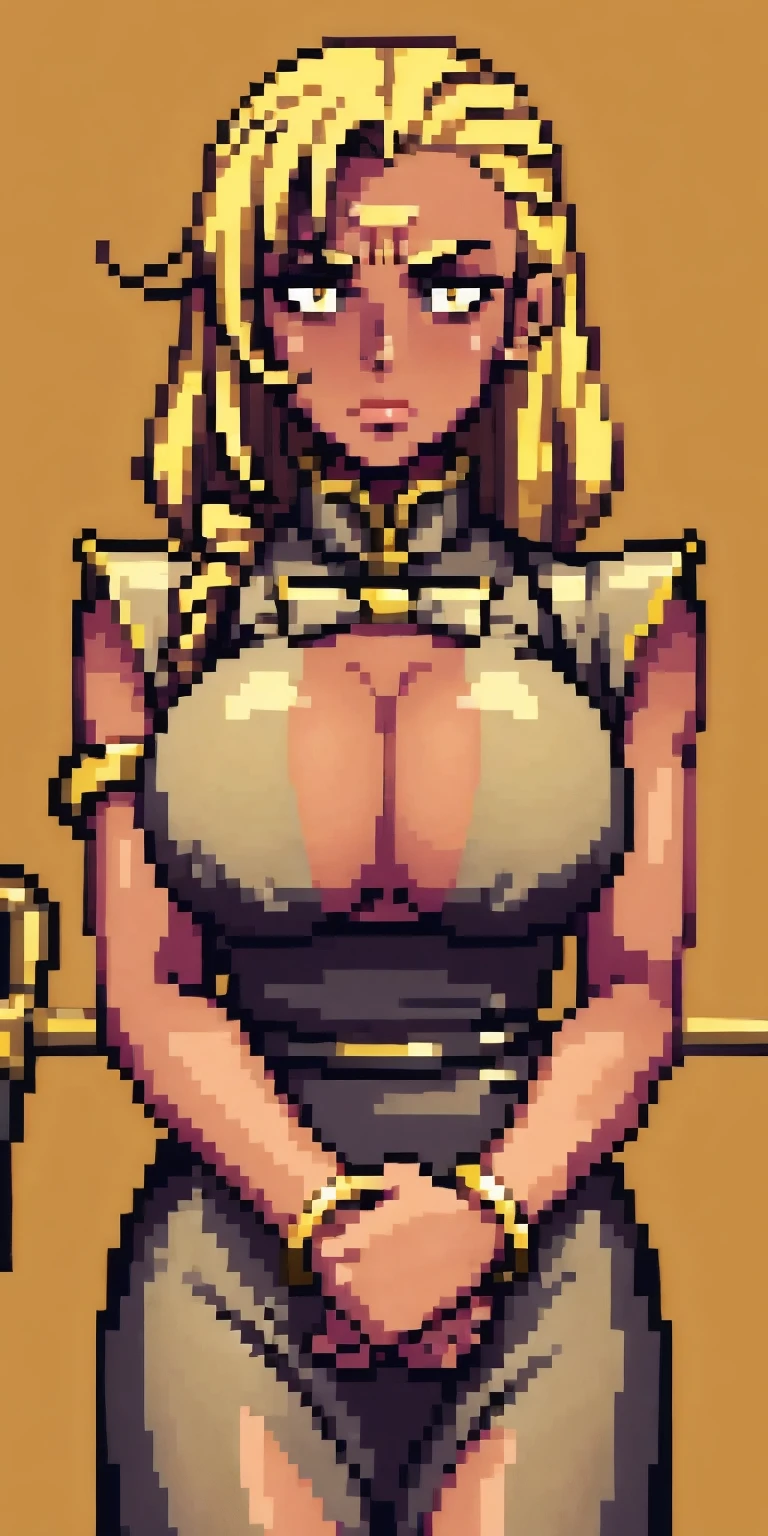 blonde hair, long hair, bow, drill hair, yellow eyes, anatomically correct, best quality, masterpiece, high quality, high details, highres, HD, (shaded face:1.2), huge breasts, sagging breasts, staff, lips, bracelet, jewelry, breasts, looking_at_viewer, standing, nose, black_dress, hair_over_shoulder, golden eyes, hollow eyes, lips, sad expression, gloomy expression