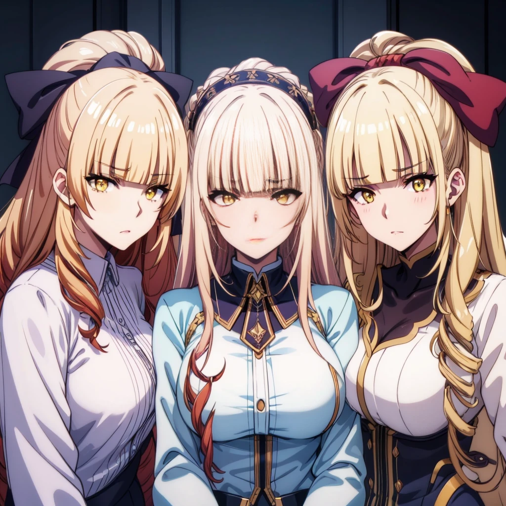 blonde hair, long hair, bow, drill hair, yellow eyes, anatomically correct, best quality, masterpiece, high quality, high details, highres, HD, (shaded face:1.2), huge breasts, sagging breasts, staff, lips, bracelet, jewelry,  breasts, looking_at_viewer, standing, nose, black_dress, hair_over_shoulder, golden eyes, hollow eyes, lips, sad expression, gloomy expression,