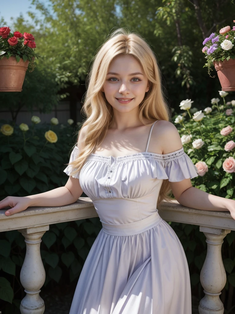 arafed woman smiling, ukrainian girl, russian girl, warm smile, beautiful and smiling, beautiful nordic woman, big bust, russian style, lovely woman, attractive woman, mature woman, very very beautiful woman, portrait, half body, en un jardin con muchas flores, rosas, 25 year old woman, milf, milf woman