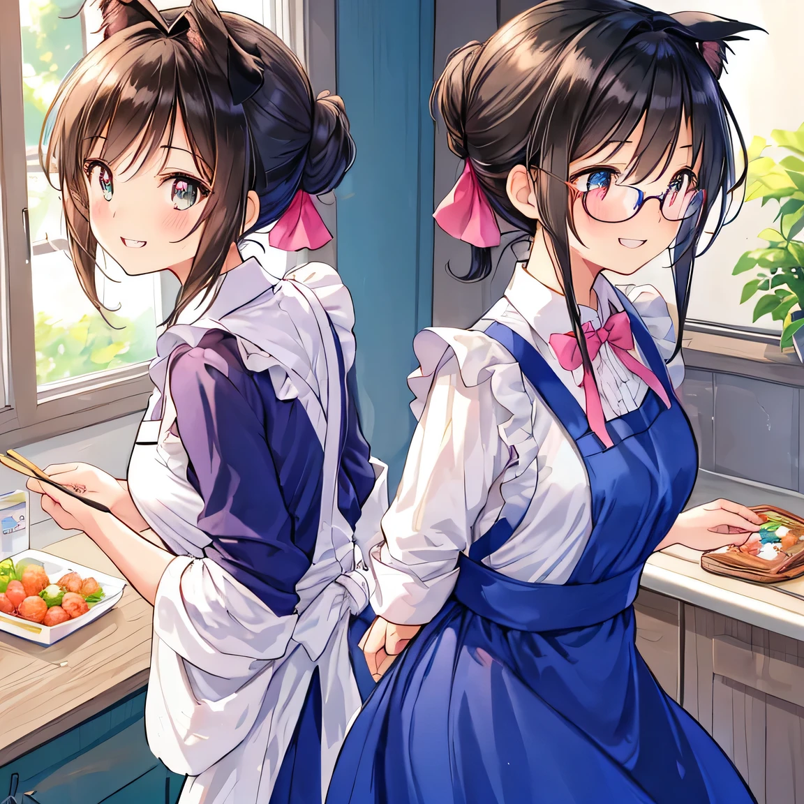 ((masterpiece)), ((best quality)), (ultra-detailed), ((kawaii)), cute, (lovely), illustration, anime style, dynamic angle, upper body, focus on her nape from a diagonal rear angle, a cute girl, 1girl, solo, kitchen, apron, Blazer uniform, (beautiful eyes), ((looking away)), beautiful black hair, long hair, (hair tied up), horseshoe-shaped hairband, medium breast, slim, slender, glasses, smiling, fang, endearing, blush, elegant, youthful, graceful, ((The tips of her canine teeth are peeking out from her smiling mouth)), Double Tooth, seductive smile, Beautiful girl with her hair tied up, (((revealing her nape))), ((captured from a diagonal rear angle)), not turn around, tied hair, nape, rear view, blush.
