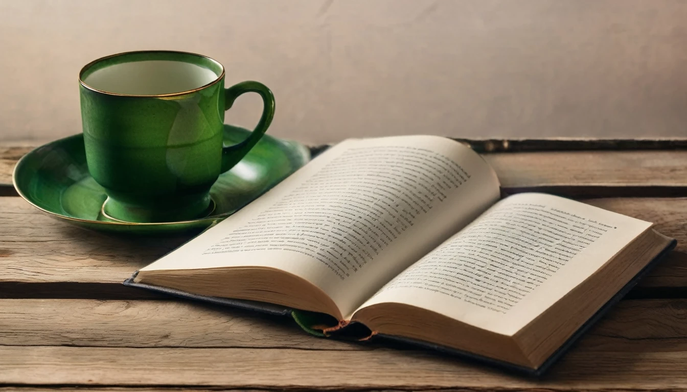 This image presents a tranquil and scholarly scene. An open book lies at the center, its page showing text, possibly from a novel or a literary work, inviting the viewer into a moment of reading. Resting on the right edge of this book is another, closed book with a green cover, suggesting a theme or an appreciation for classic literature. On the open book, slightly covering the words but not obscuring the text completely, is a white cup filled with a tea, its amber hue contrasting softly with the white of the cup. The setting appears to be a bed or a soft surface, with a white, textured blanket or duvet serving as the background, alongside a fluffy white pillow at the top right corner of the frame. The overall composition of the image exudes a feeling of comfort, intellectual pursuit, and relaxation, encapsulating a perfect, peaceful moment for introspection or leisure
