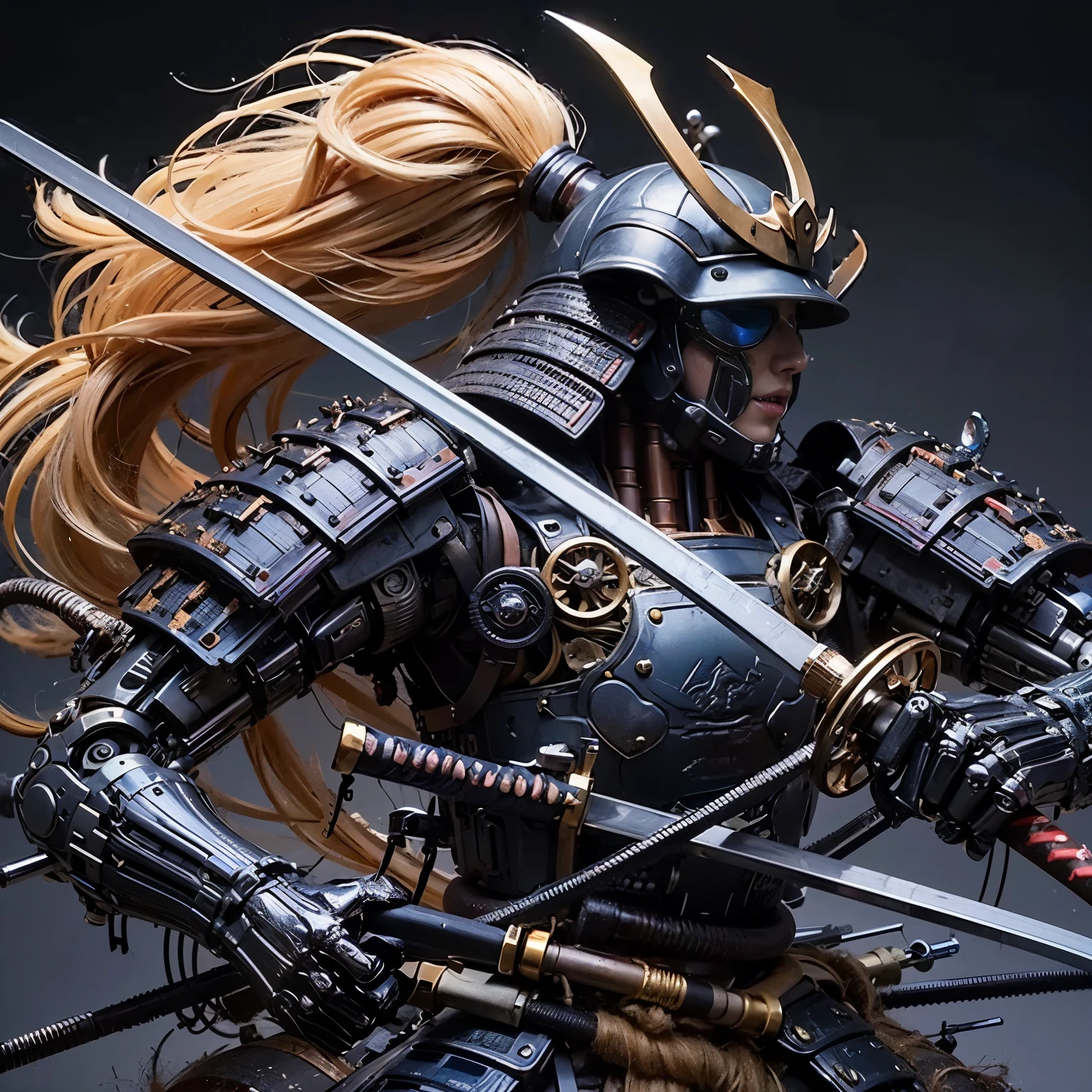 (best quality,highres,masterpiece:1.2),(mechanical:1.4,hydraulic cylinders:1.2),samurai armor,Japanese sword,beautiful girl,twin tails,silver hair,realistic,photorealistic:1.37,photo shoot,ultra-detailed,hyper-realistic textures,full body,battlefield