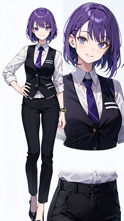 Woman with purple hair,bartender,vest,shirt,tie,pants,Heel,simple background,smile,whole body,full body,full body,Standing picture,vtuber,front,from front,Viewer's perspective,Focus your gaze on the front,