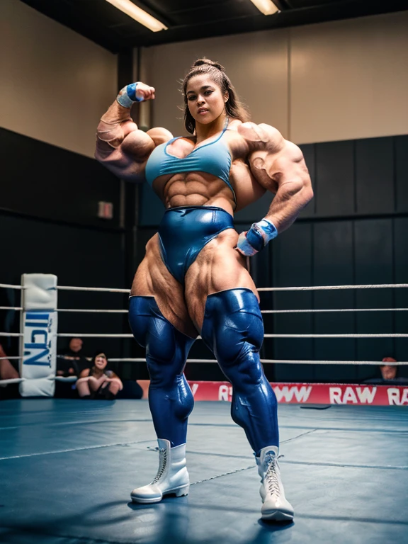 Tatyana Ali, A heavily muscled iffb pro female bodybuilder, (Raw photography:1.5)、(hight resolution:1.5)、(Raw photography:1.5),(Photorealsitic:1.38)、(sharp focus:1.5) 、18 only、One girl、((Cowboy Shots:1.2)),((Body Like a Male Bodybuilder:1.8))、((tall:1.4)),((Thick arms with sculpted muscles:1.28)),((long legged:1.4)),((Sculpted muscular thick thighs:1.65)),((large full breasts:1.2))、、
((Delicate and perfect beautiful face,beatiful detailed eyes)、
(Wrestling shirt、 elbow pads 、latex short Wrestling pants、Dark blue high socks:1.2)), (white Wrestling boots:1.5) ((hime-cut)),
((Standing up with a shrug:1.2))、
((In a WWE wrestling ring))、
looking at the viewers、Facing the audience,The dim、