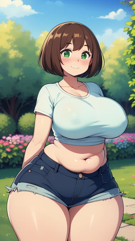 ((high resolution)), masterpiece, high quality, best quality, fair, perfect lighting, Detailed face, super cute face, ((1 girl)), ((alone), Short brown fluffy hair, green eyes, ((blush)), sweet smile, looking at the audience, Put your arms behind your back, standing in a garden, (garden), daytime, crop top, shorts, (((Thick thighs))), (wide hips), split, (beautiful breasts、huge breasts:1.4,plump breasts), chubby, 20 year old female,