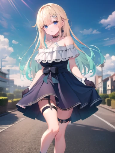 (masterpiece:1.3),((High resolution)),((high quality)),((Super detailed))、1 girl、perfect balance、perfect face、detailed face、cute face、beautiful詳細な目、Expressive eyes、cute eyes、shiny eyes、perfect body、beautiful体、Emma Aizawa,long hair、gradient hair、hair ornament、lace choker、black choker、bear shoulder、Chris Cross Halter、Blue Dress、frills、black bow、Black Gloves、thigh strap、fishnet、single thigh high,(big breasts)、(head shot)、embarrassing、blush、beautiful女の子、cute face、beautiful顔、cute face、beautiful、best quality、good anatomy、smile、closed mouth、blush、Are standing、From above、(NSFW:1.3), ((full body)),((Super detailedな背景)), mistress pose, ((8k wallpaper)) , smile, blush, outdoor, Day, blue sky, empty, looking at the viewer, moody lighting, face-to-face audience、Are standing、from below