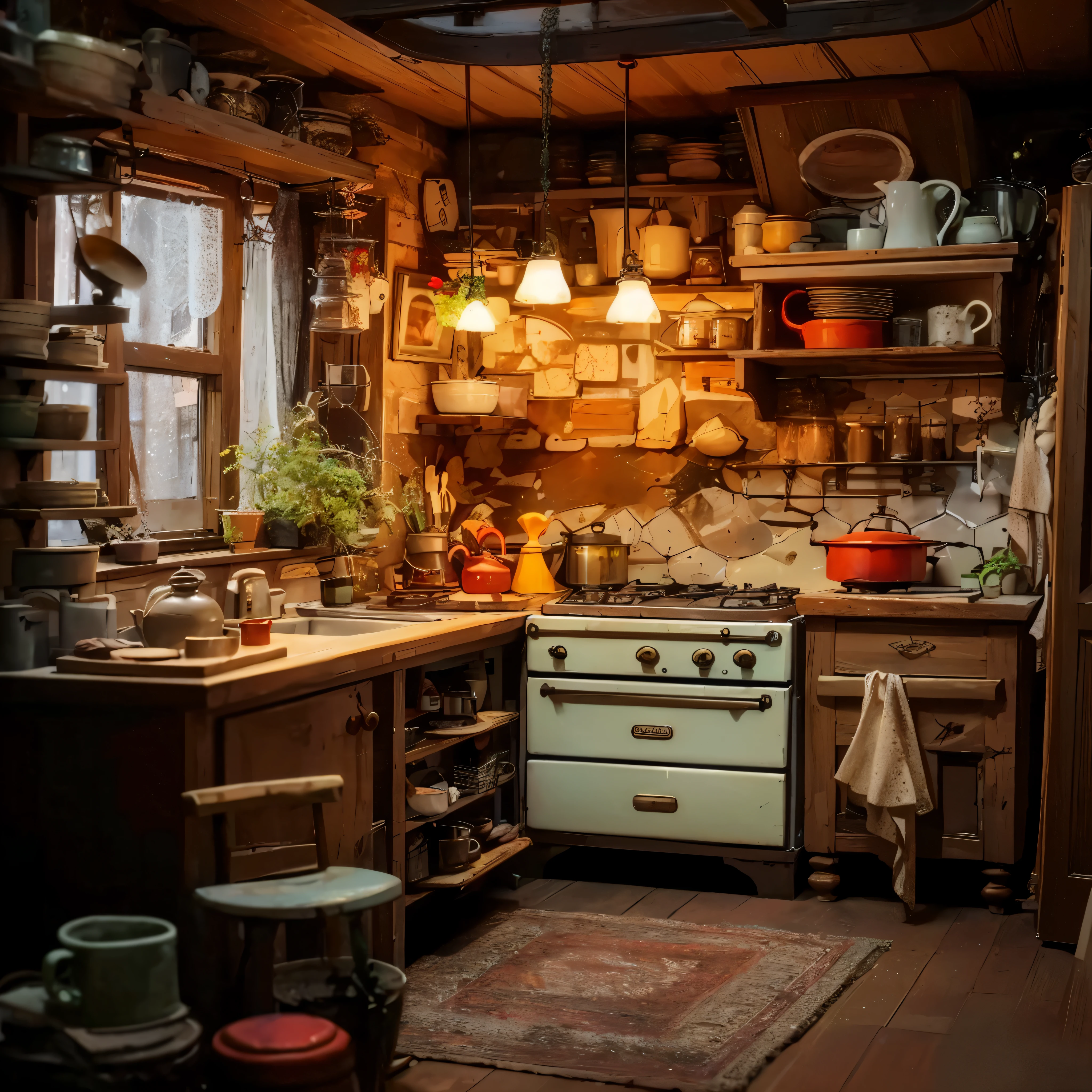 there is a kitchen with a stove, sink, and a window, old kitchen backdrop angled view, old kitchen backdrop, inside a cluttered kitchen, Shanzhai Core hippie, Shanzhai Core!!, Shanzhai Core, small kitchen, cozy place, comfortable environment, kitchen, cozy bistro, pleasant cozy atmosphere, Studio Ghibli aesthetics, cozy atmosphere
