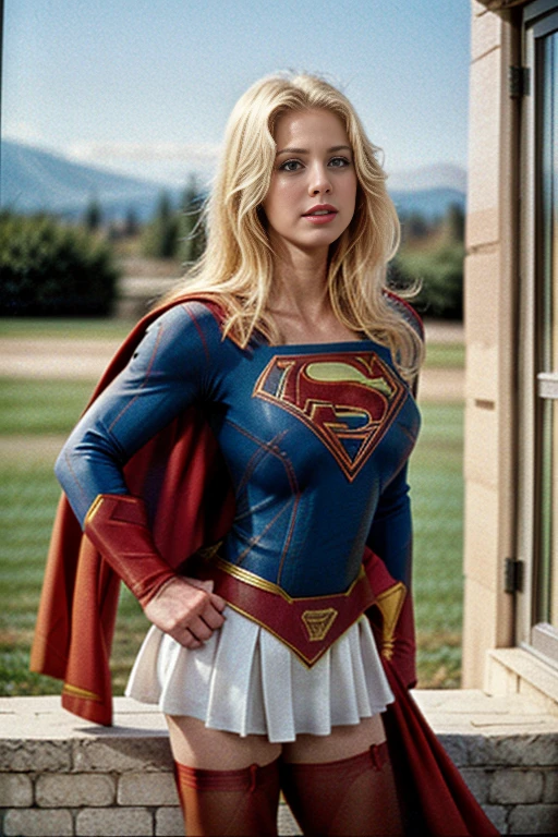 Masterpiece, a beautiful woman, (((Supergirl 1984))). mini white dress, exposed navel, (large beasts), (perfect body), (long blonde hair), outside, (skin texture:1.1), best quality, ultra high res, Raw photo, Nikon D850, backlight, rimlight, bright sunlight, film grain:1.2, (warm hue, warm tone:1.2), (color photo), stockings, stiletto heels, athletic build,