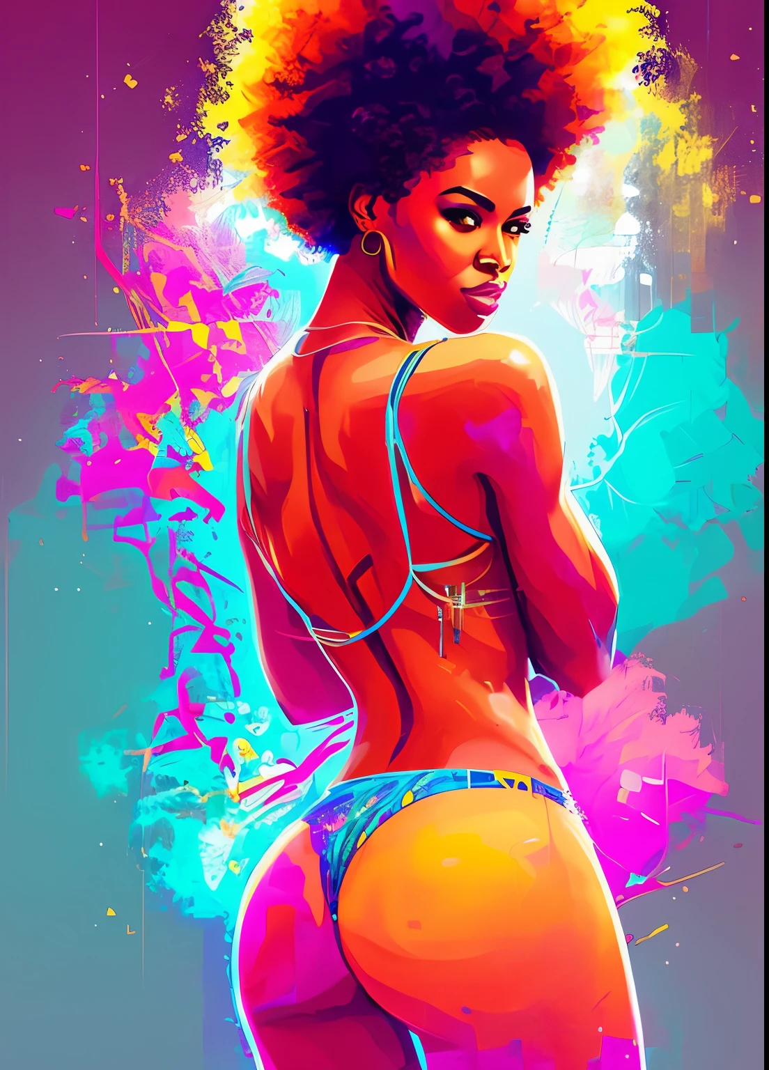 a painting of a sexy afro woman, nude, attractive, (25 years old), beautiful face, ((turn around and look back)), on a geometric background with square and rectangles, abstract, colorful, a bit blurry, Graffiti por Carne Griffiths, Behance, grafity, chromatic, Artwork, cores vibrantes